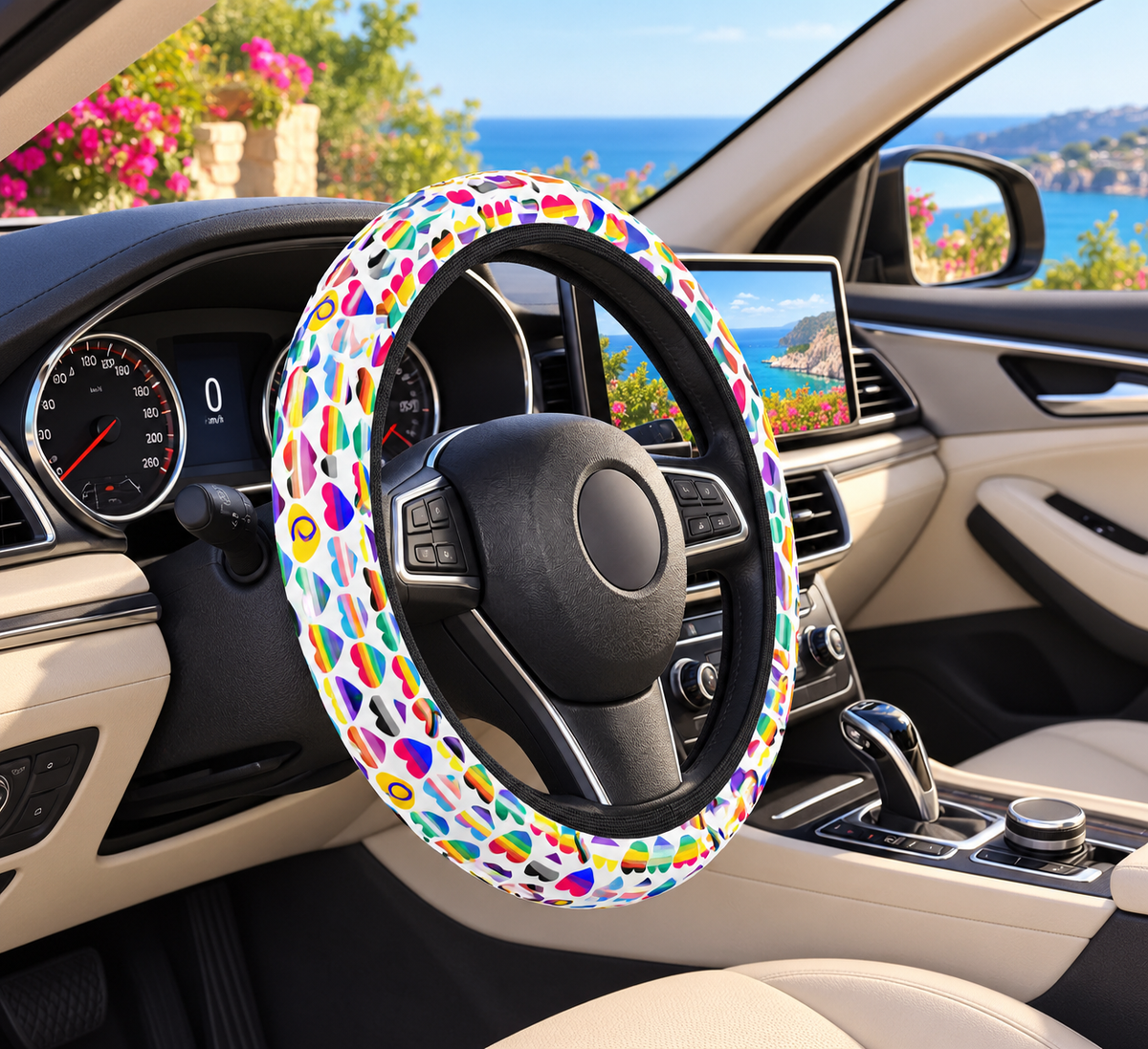 Interracial love pride steering wheel cover shown in a car interior