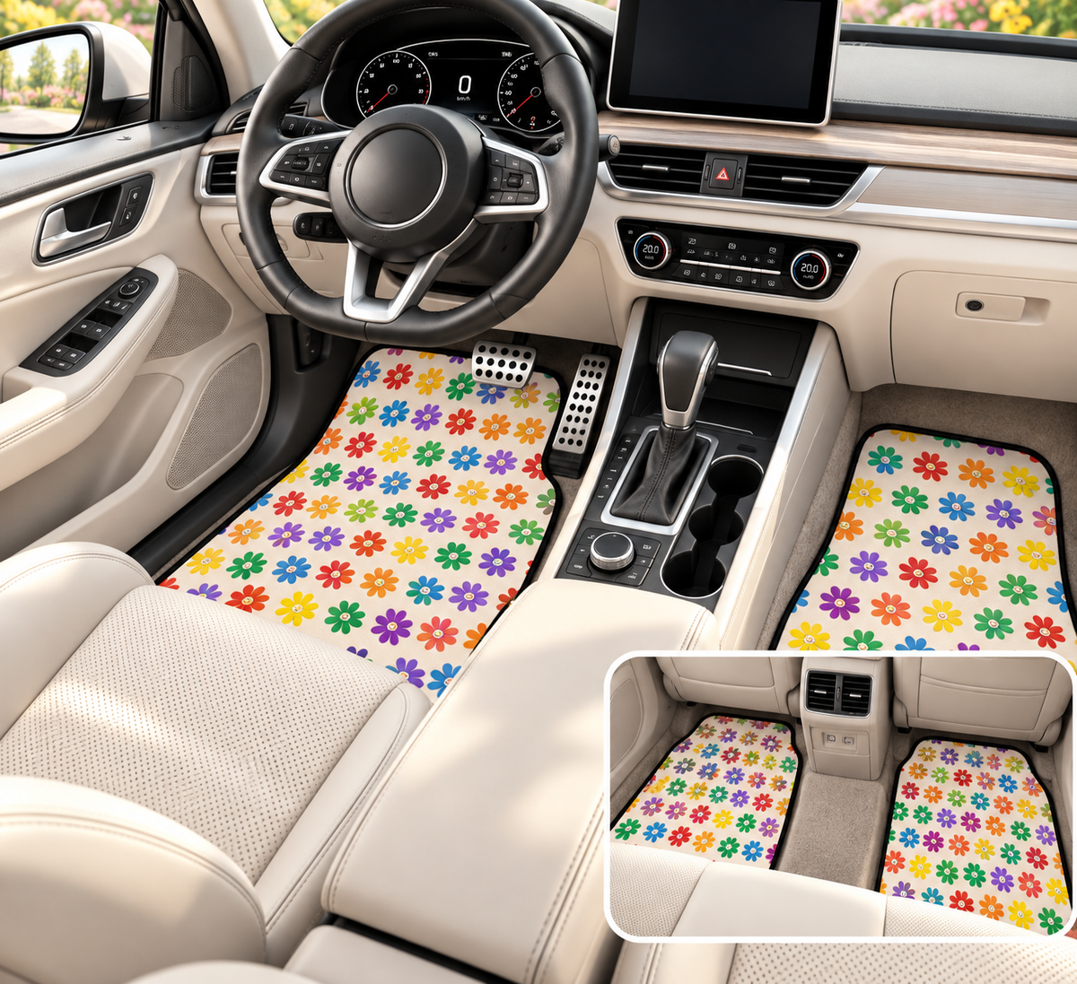 LGBTQ Pride Rainbow car mats shown in a car interior