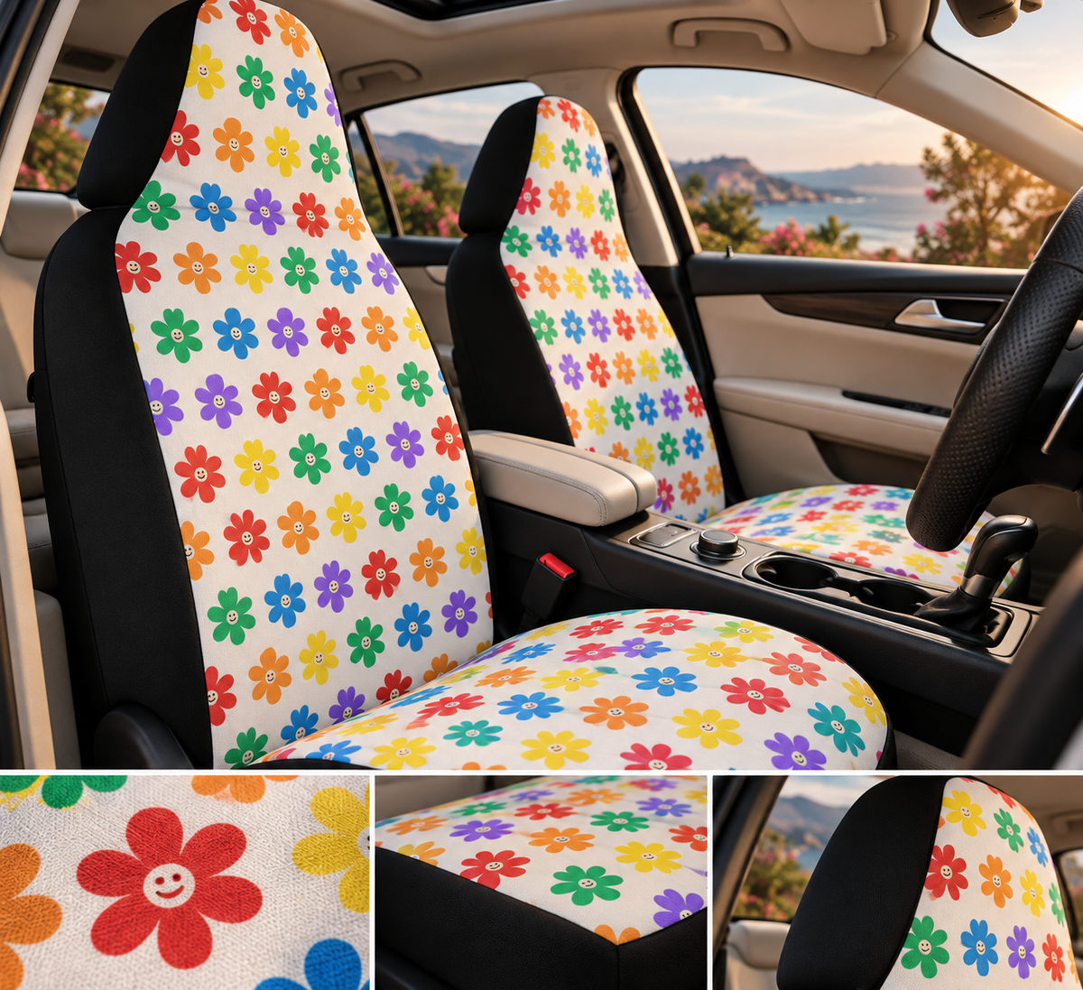 LGBTQ Pride Rainbow car seat covers shown in a car interior
