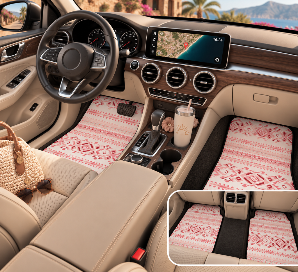 Light pastel aztec print car mats shown in a car interior
