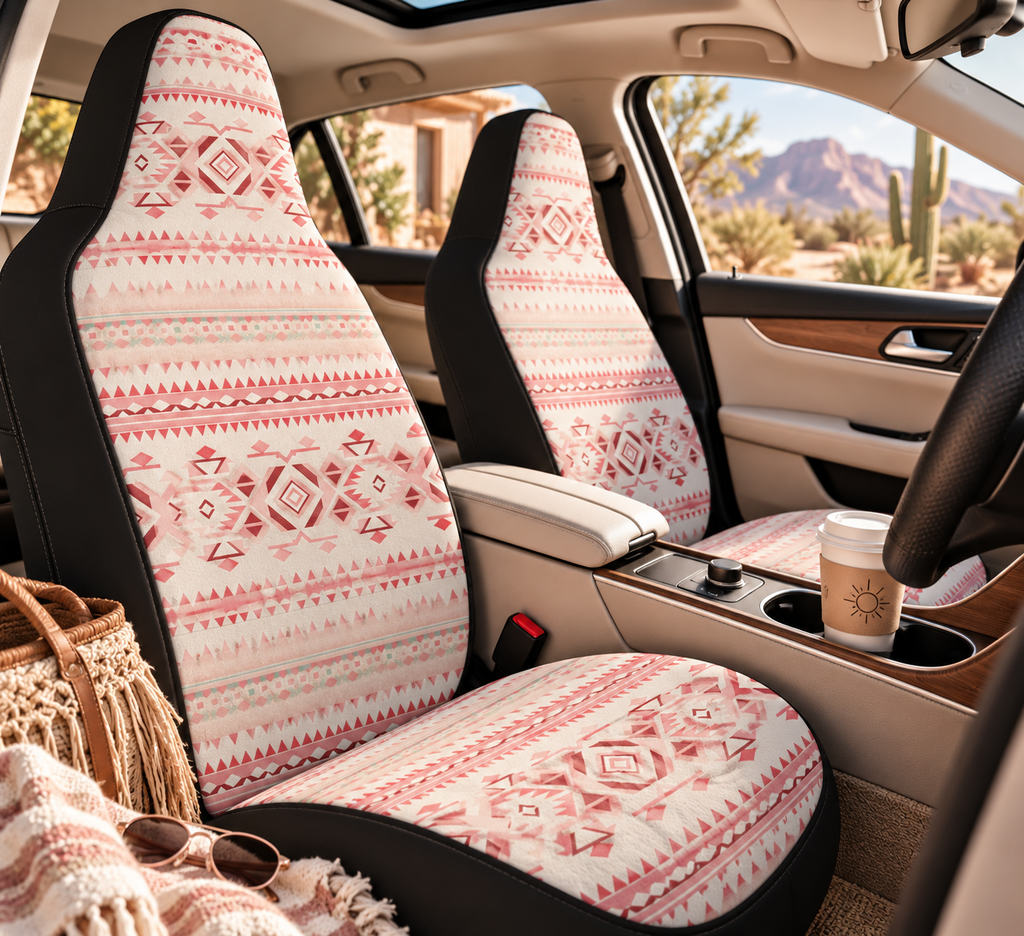 Light pastel aztec print car seat covers shown in a car interior