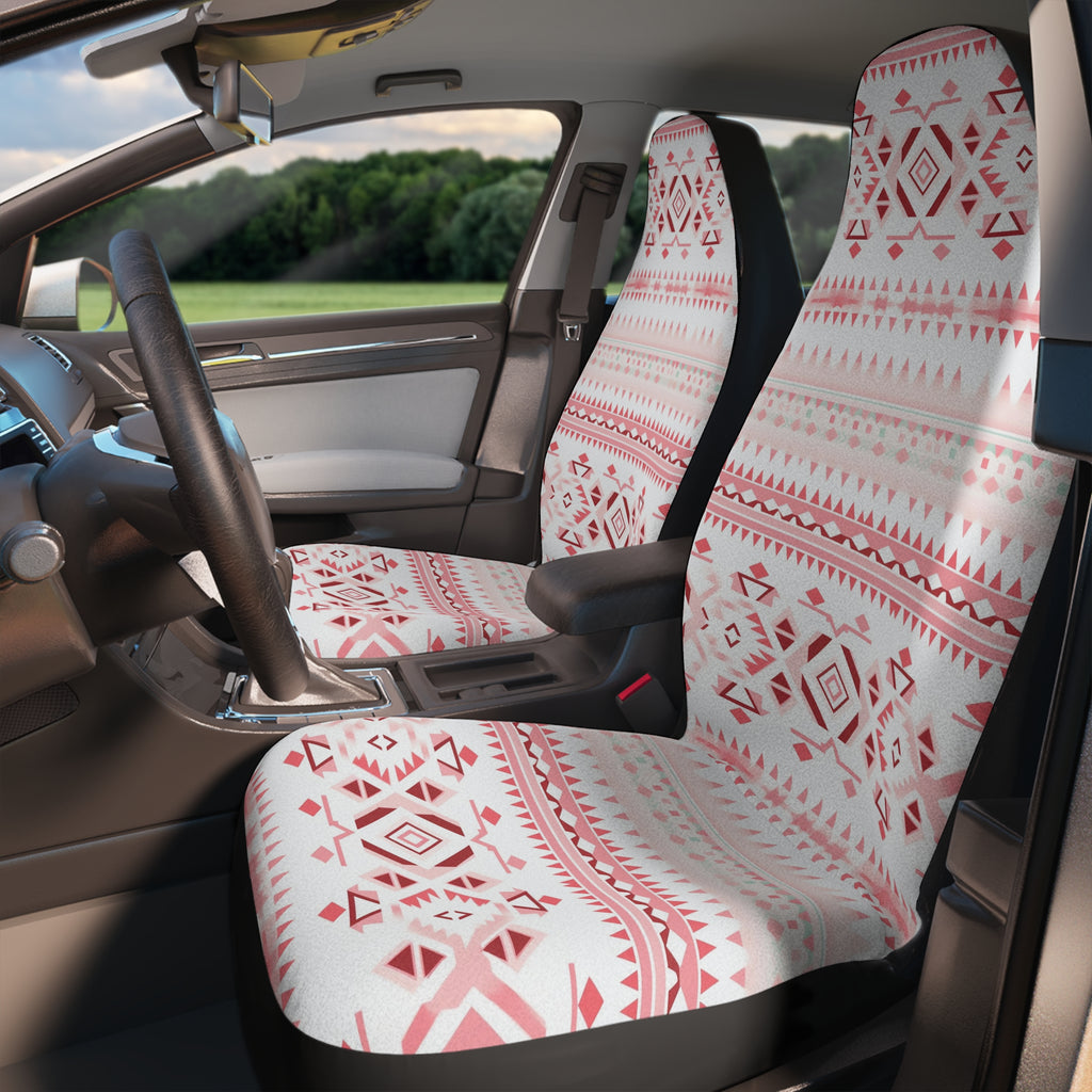 Light pastel aztec print car seat covers, fitted on the front seats of a car