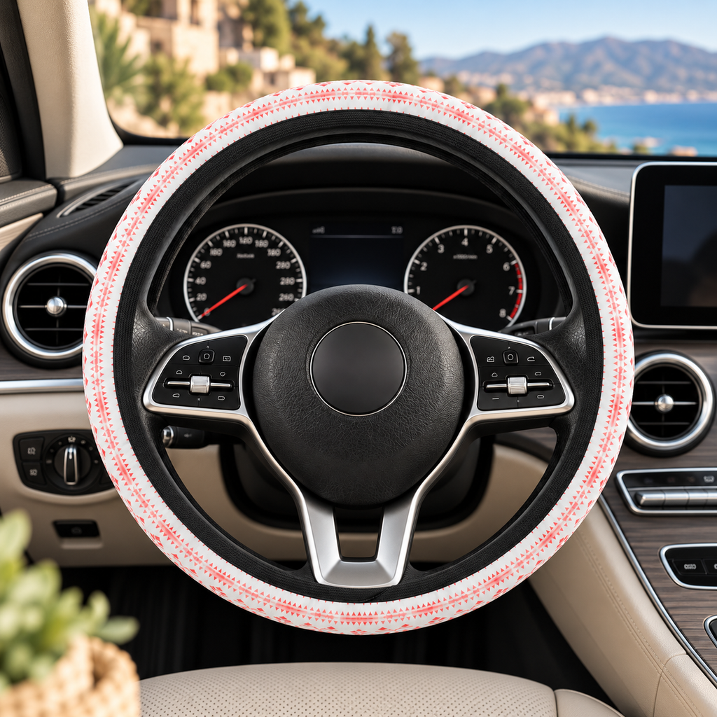 Light pastel aztec print steering wheel cover shown in a car interior