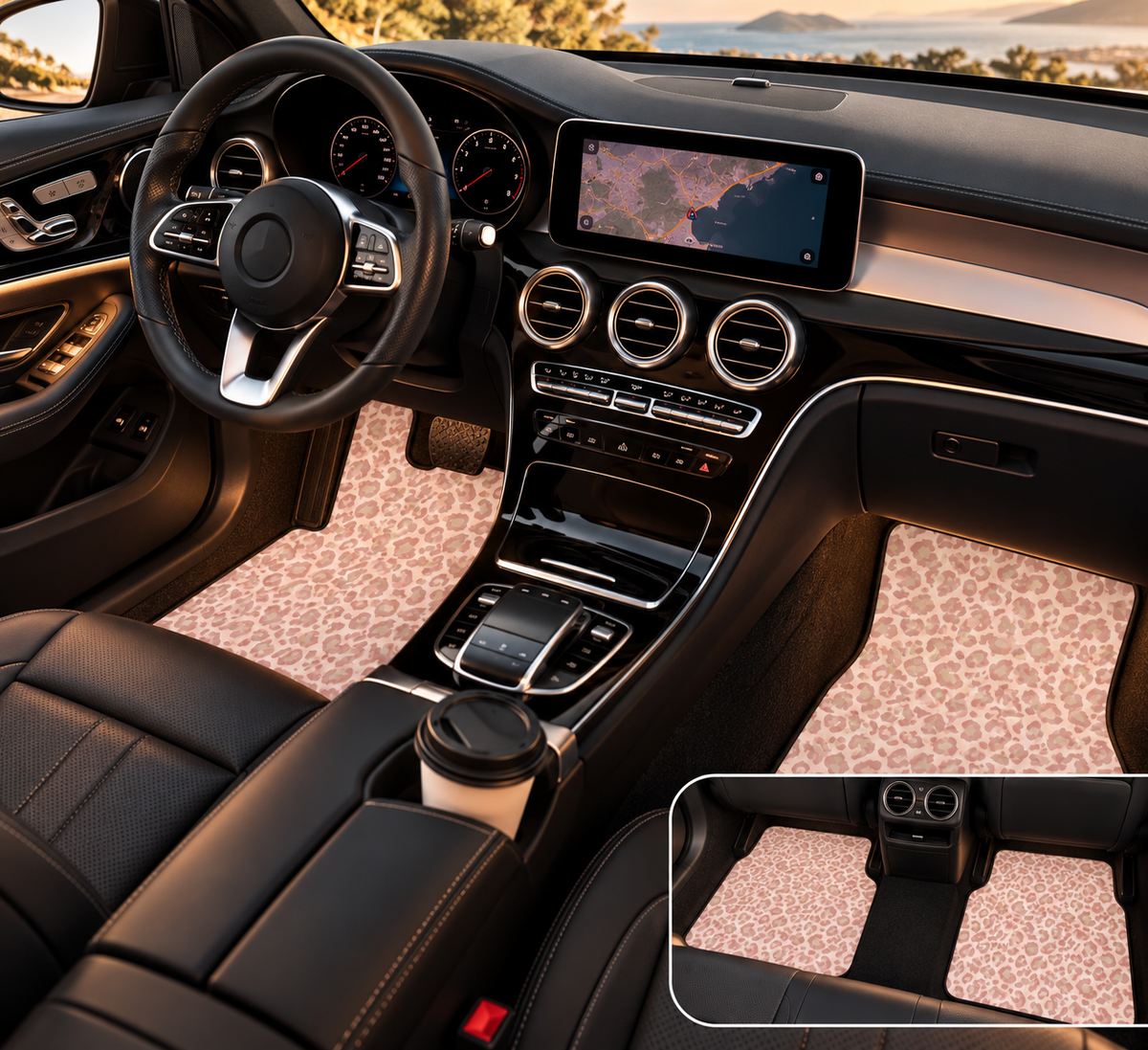 Light pink leopard print car mats shown in a car interior