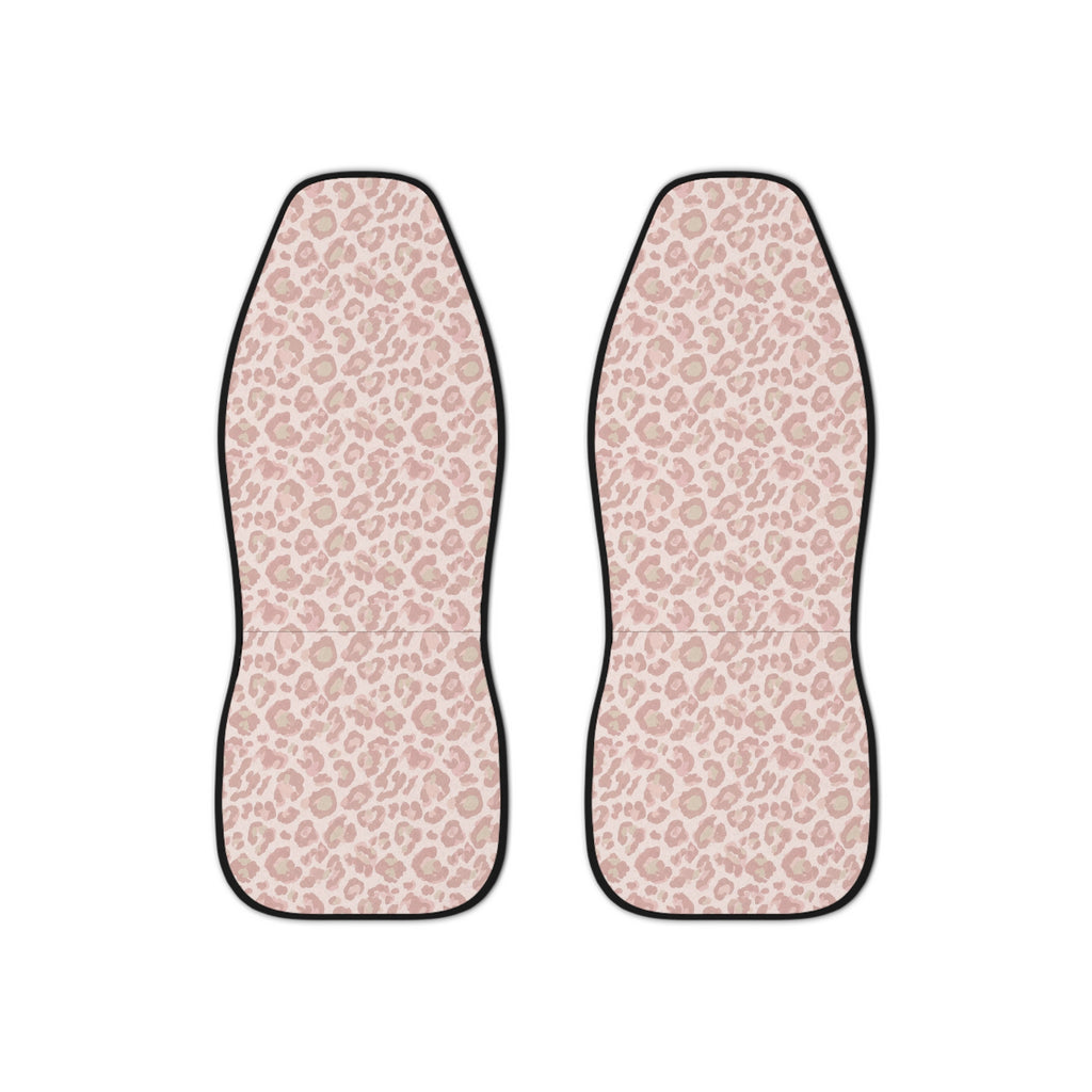 Light pink leopard print car seat covers, set of two shown side by side