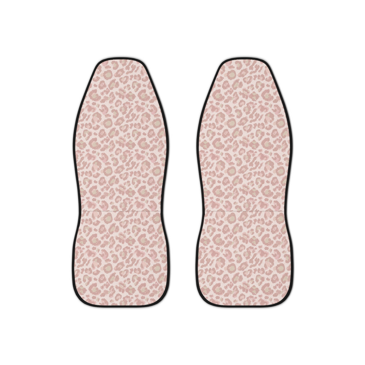 Light pink leopard print car seat covers, set of two shown side by side