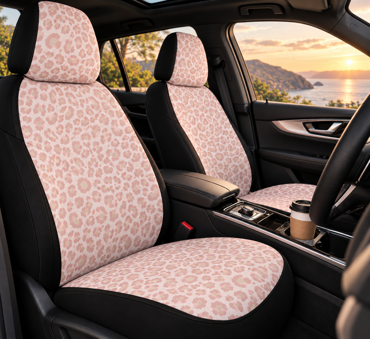 Light pink leopard print car seat covers shown in a car interior