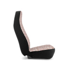Light pink leopard print car seat covers, on a seat, side view facing right
