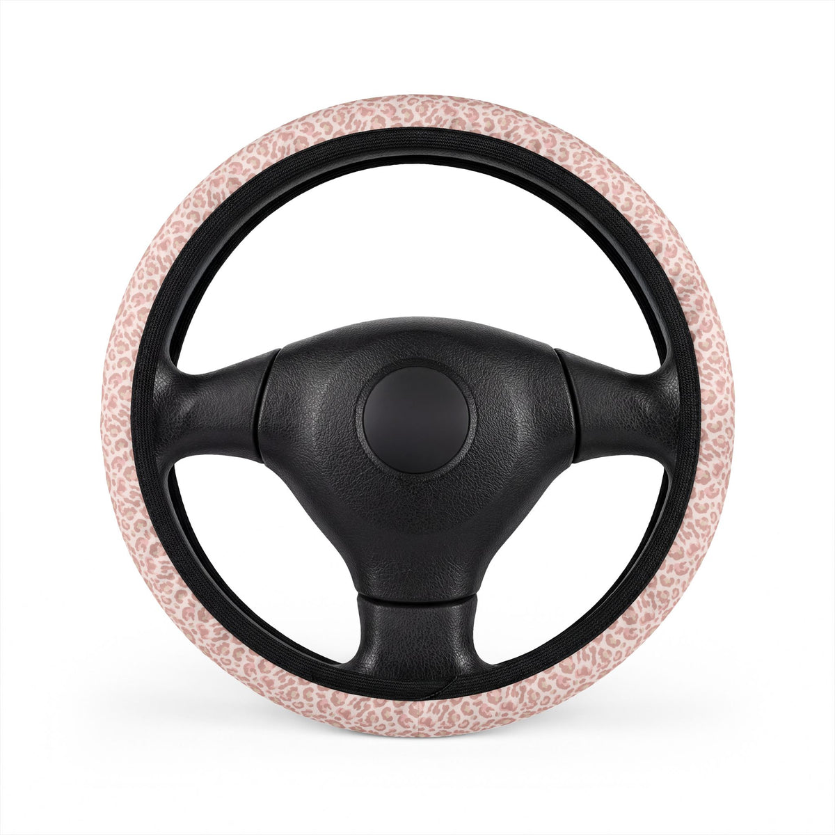Light pink leopard print steering wheel cover, front view