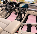 Light pink rainbow glitter car mats shown in a car interior