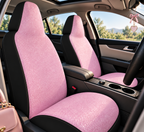 Light pink rainbow glitter car seat covers shown in a car interior