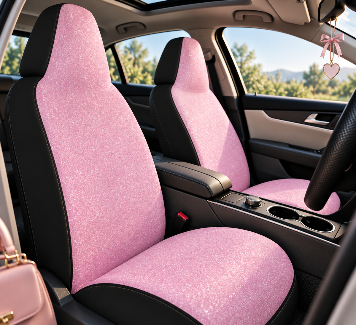 Light pink rainbow glitter car seat covers shown in a car interior