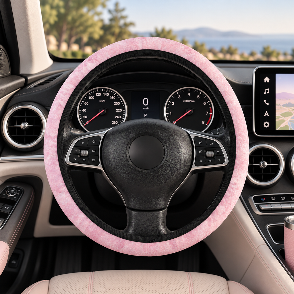Light pink rainbow glitter steering wheel cover shown in a car interior
