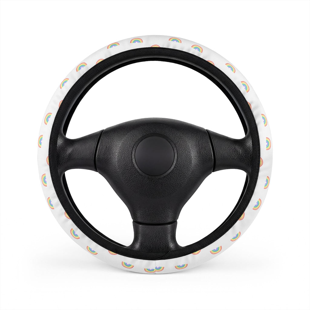Mini rainbow pride steering wheel cover, on a steering wheel