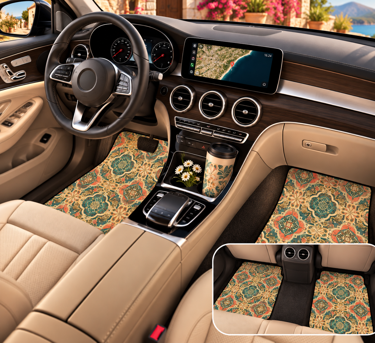 Olive folk floral car mats shown in a car interior