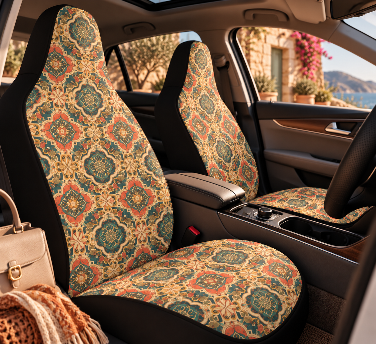 Olive folk floral car seat covers shown in a car interior