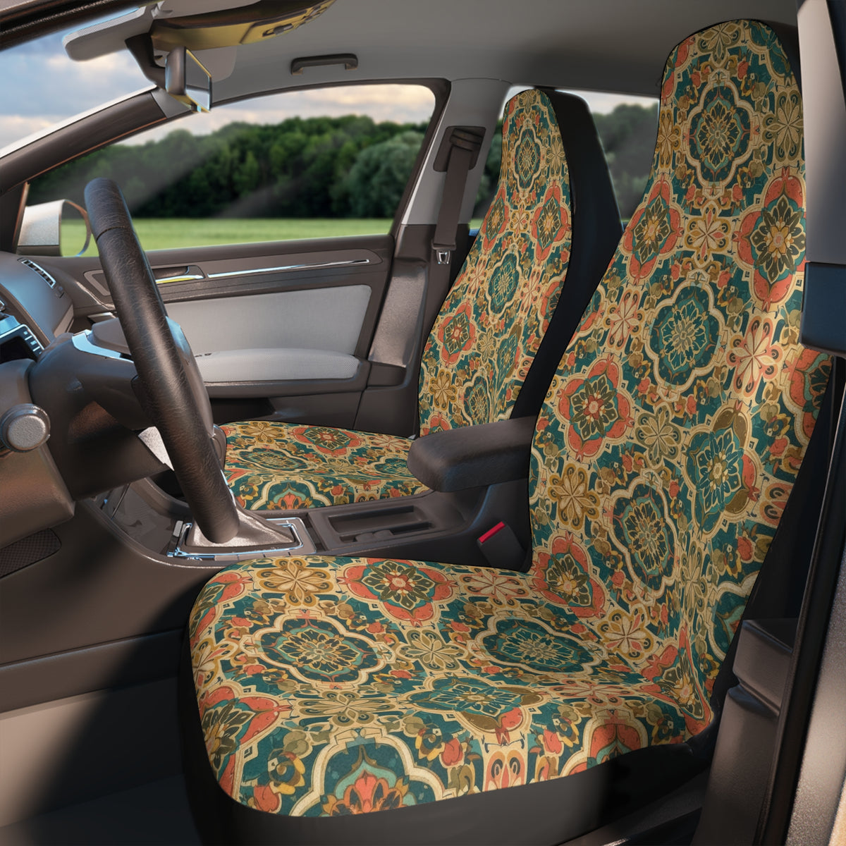 Olive folk floral car seat covers, product view 3