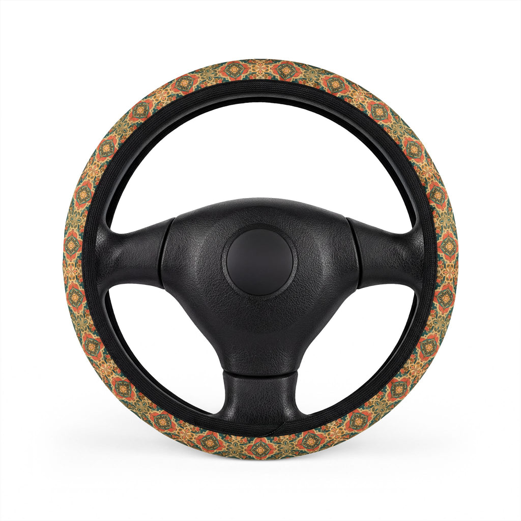 Olive folk floral steering wheel cover, on a steering wheel