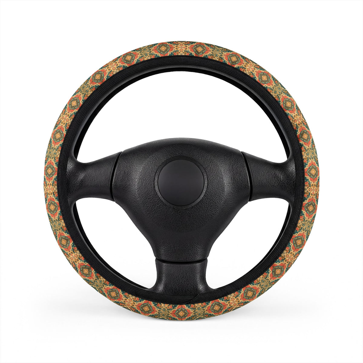 Olive folk floral steering wheel cover, on a steering wheel