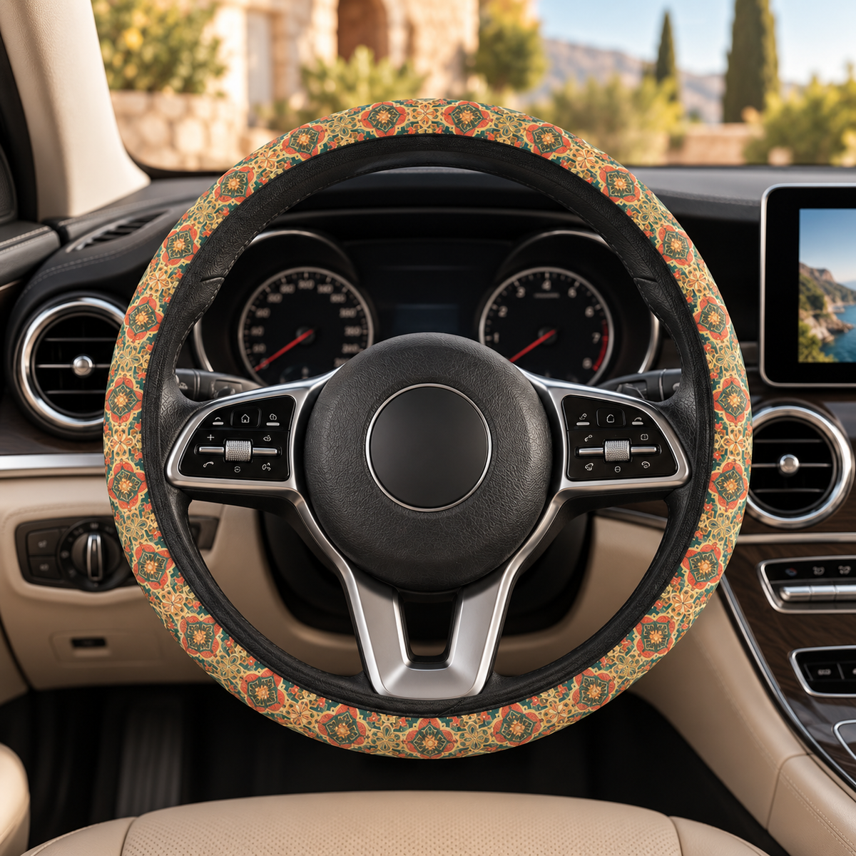 Olive folk floral steering wheel cover shown in a car interior