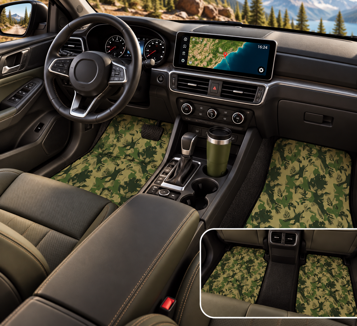 Olive green camo car mats shown in a car interior
