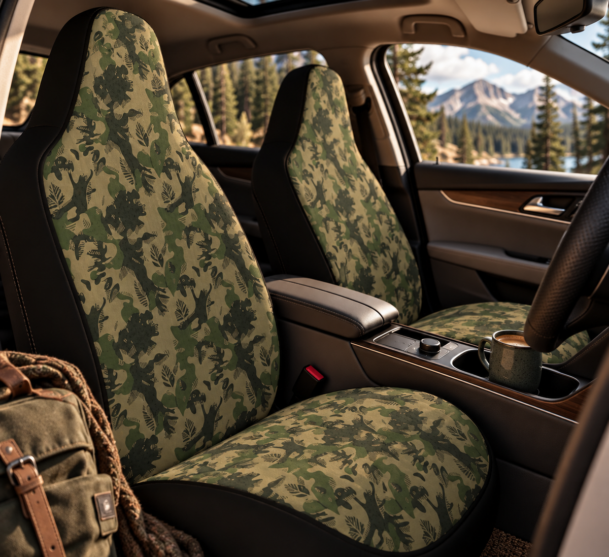 Olive green camo car seat covers shown in a car interior