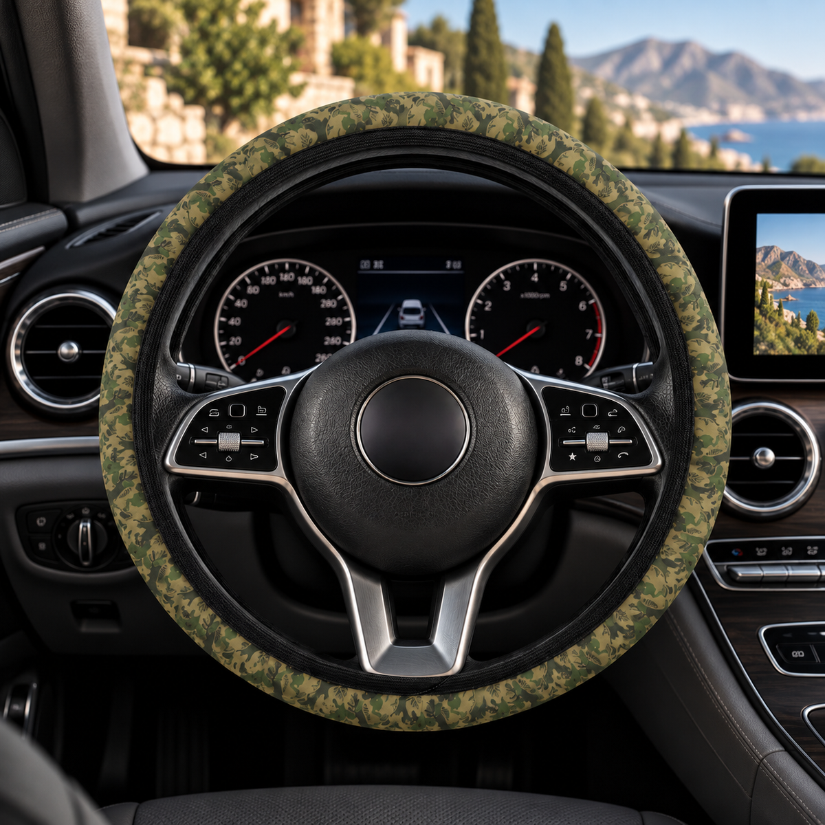 Olive green camo steering wheel cover shown in a car interior