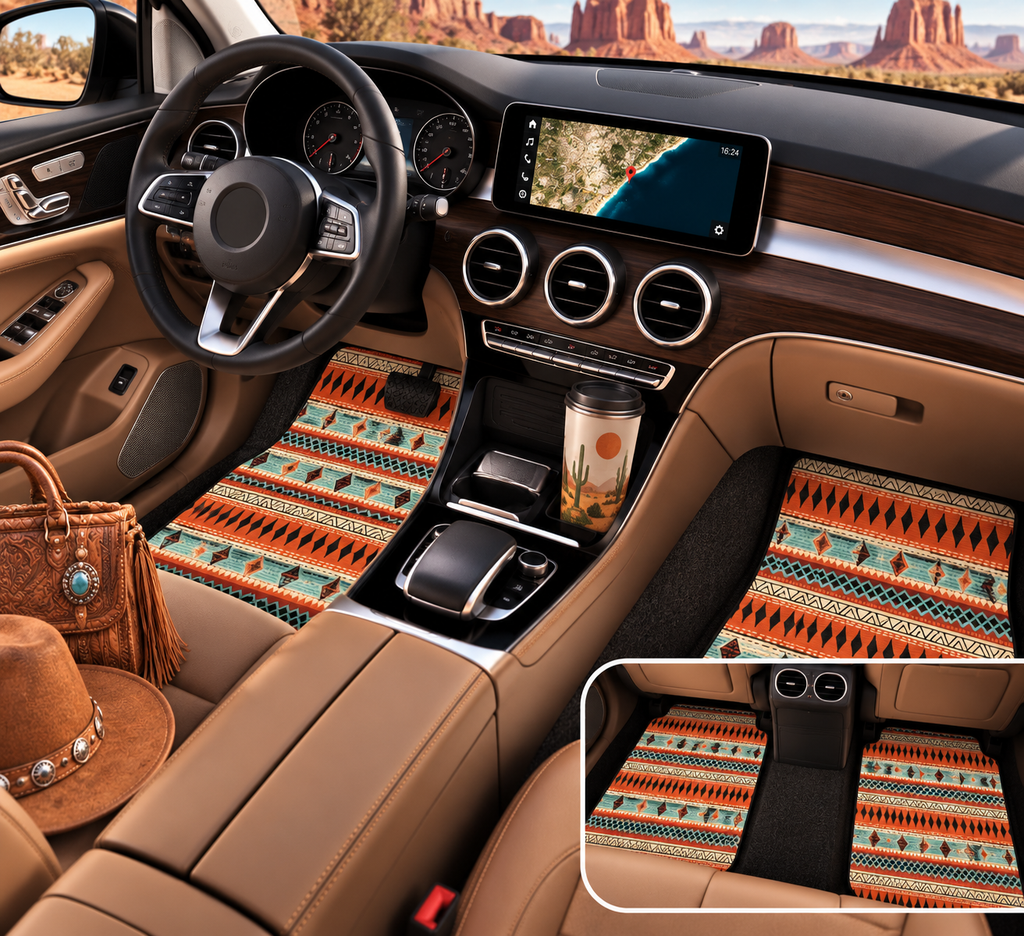 Orange aztec stripe car mats shown in a car interior