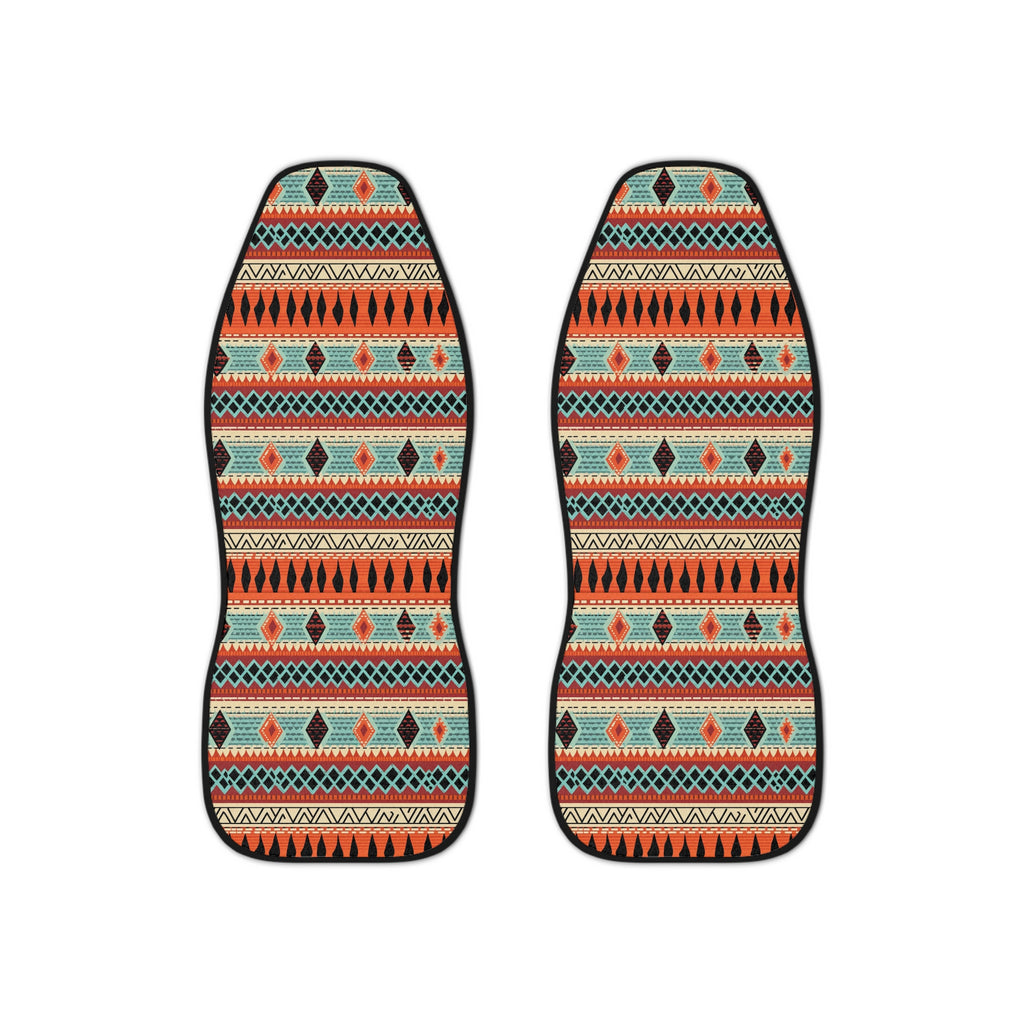Orange aztec stripe car seat covers, set of two shown side by side