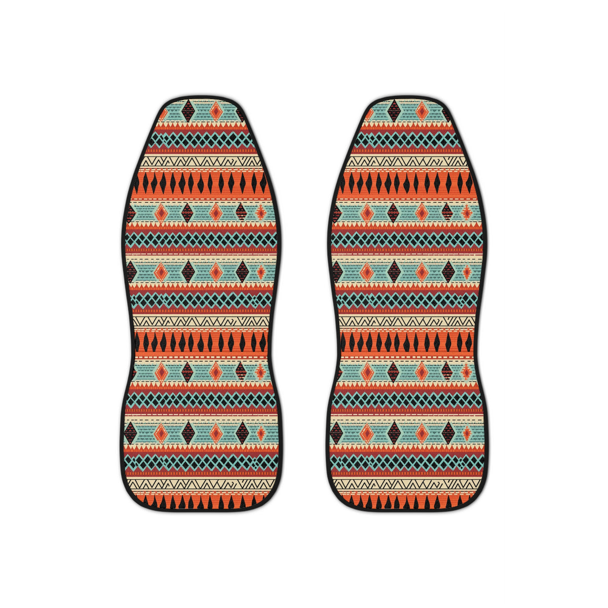 Orange aztec stripe car seat covers, set of two shown side by side