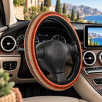 Orange aztec stripe car seat covers shown in a car interior
