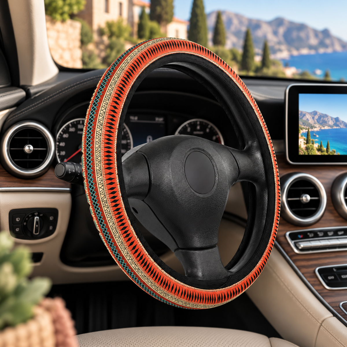 Orange aztec stripe car seat covers shown in a car interior
