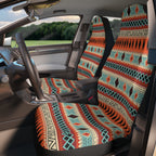 Orange aztec stripe car seat covers, fitted on the front seats of a car