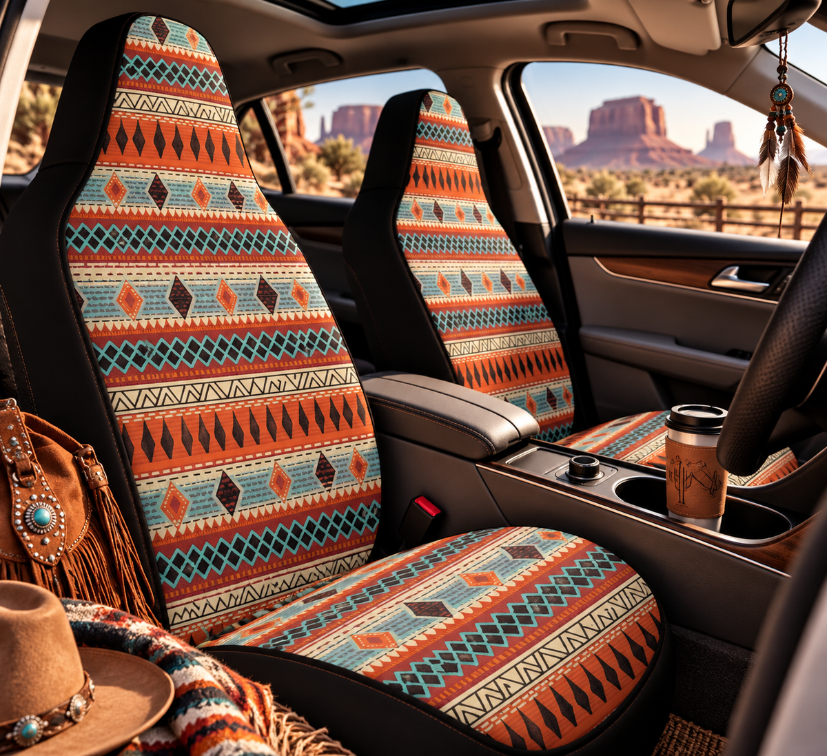 Orange aztec stripe steering wheel cover shown in a car interior