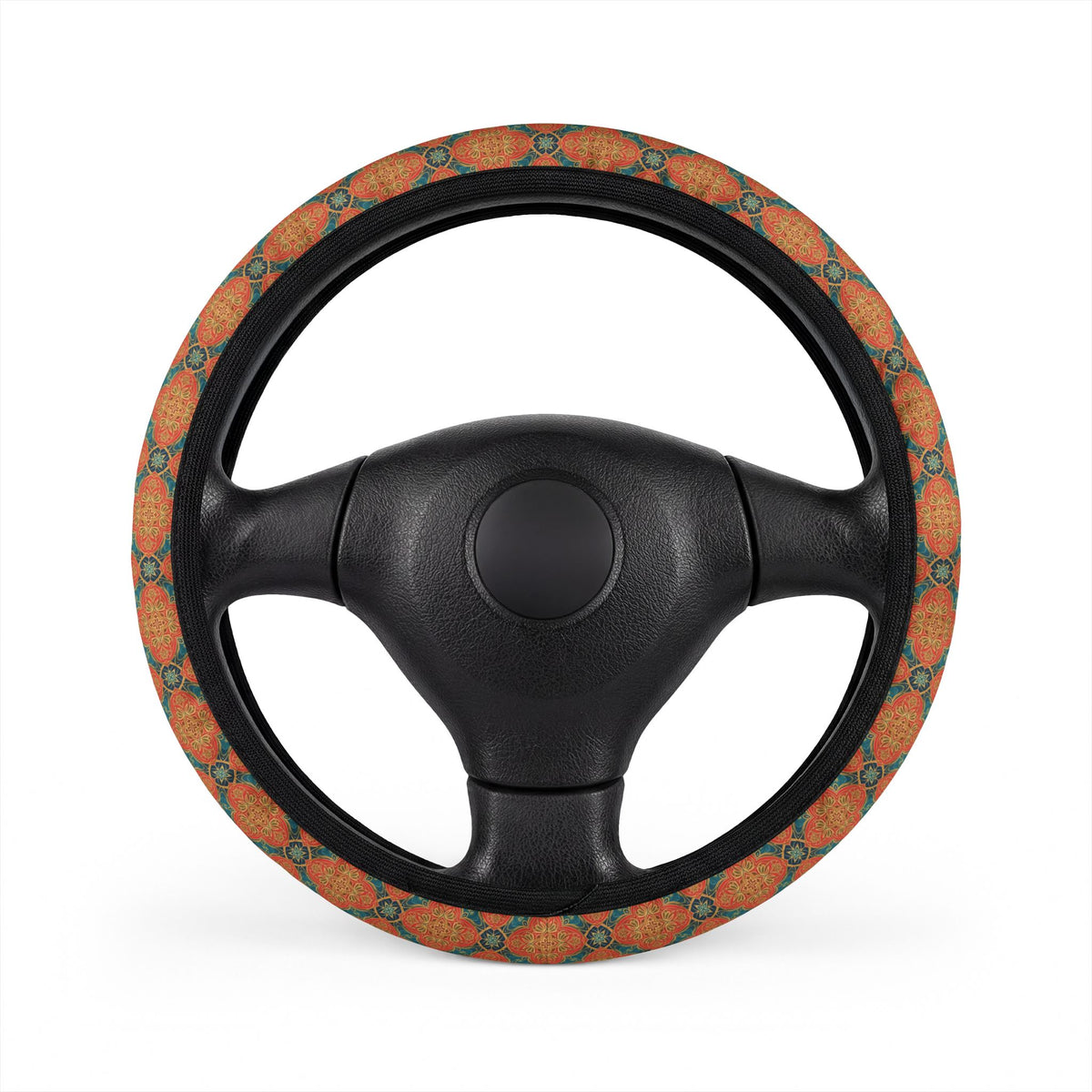 Orange floral steering wheel cover, on a steering wheel