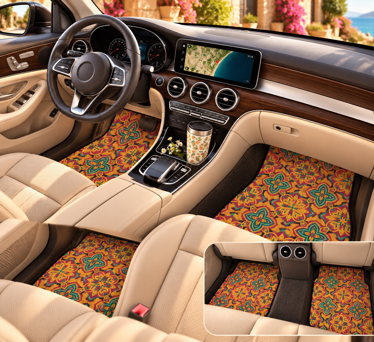 Orange folk floral car mats shown in a car interior