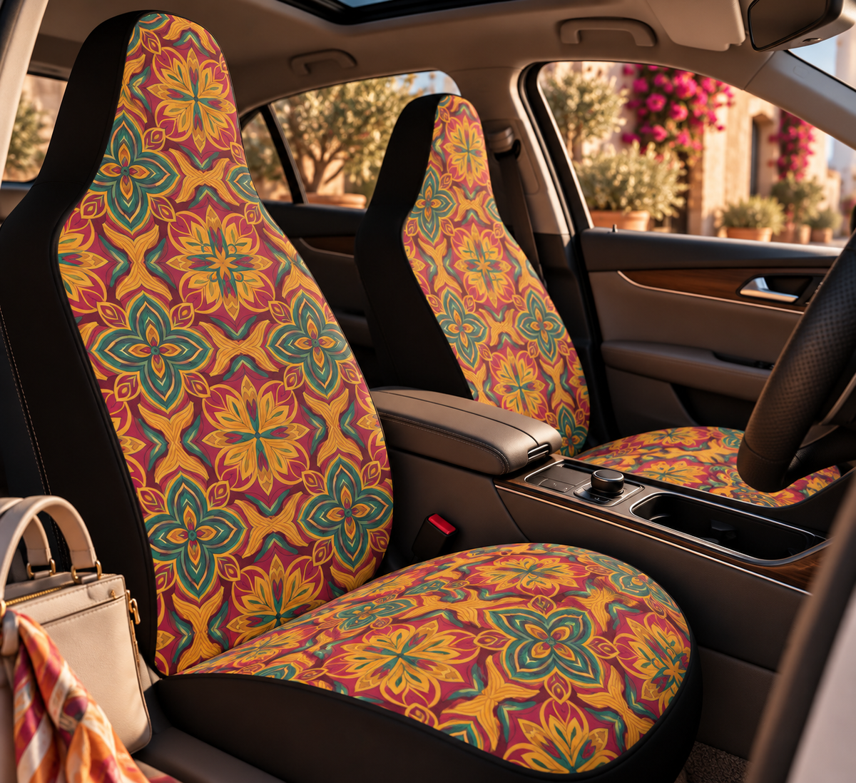 Orange folk floral car seat covers shown in a car interior