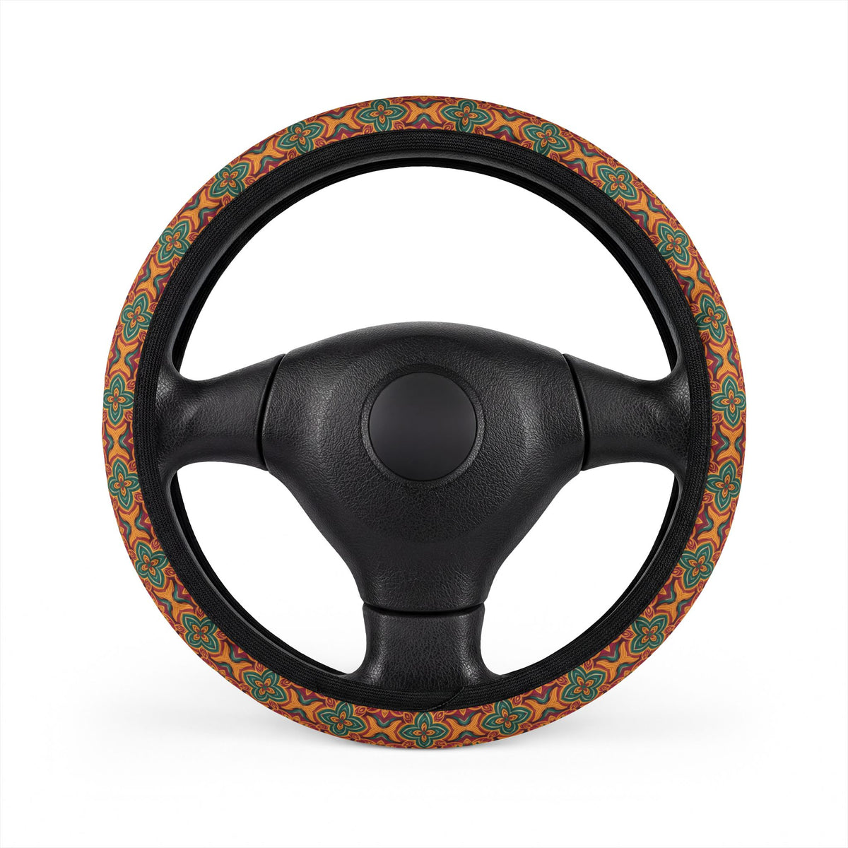Orange folk floral steering wheel cover, on a steering wheel