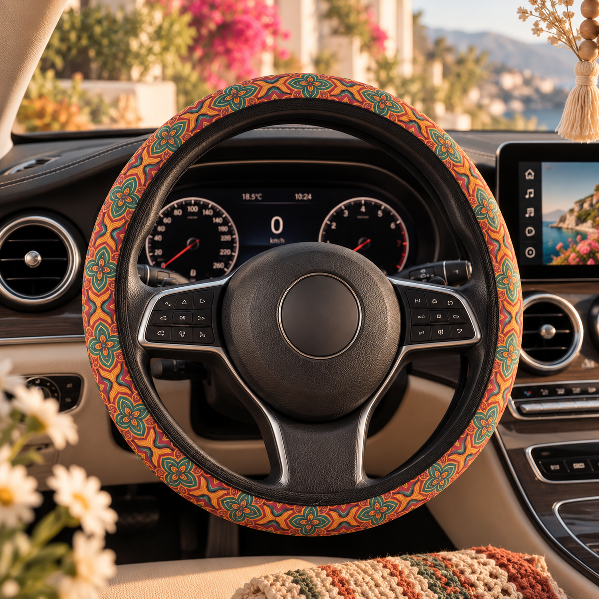 Orange folk floral steering wheel cover shown in a car interior