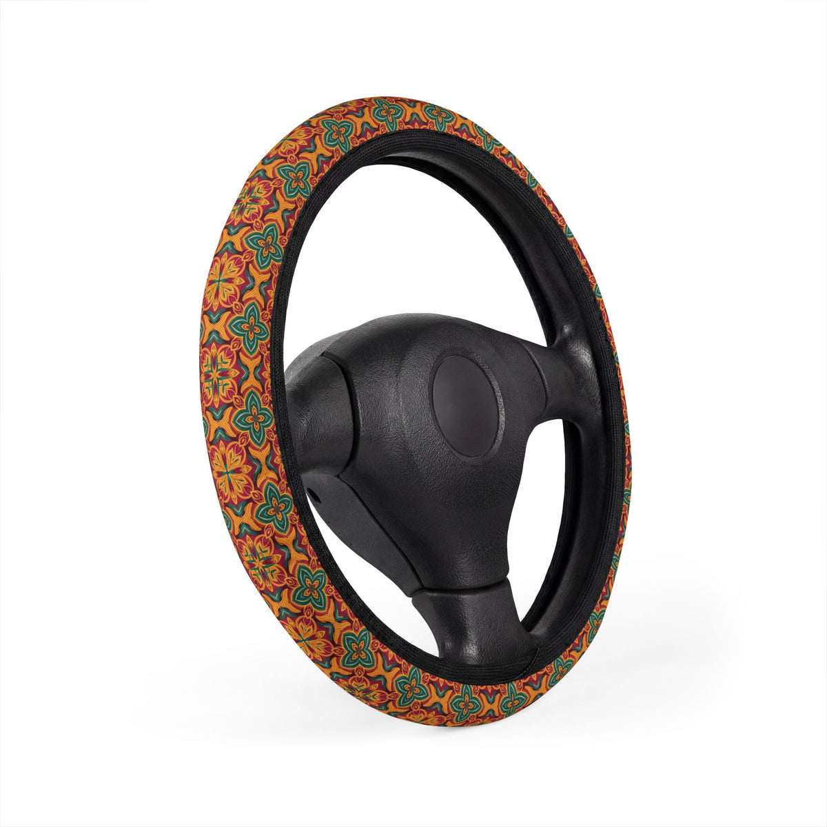 Orange folk floral steering wheel cover, product view 3