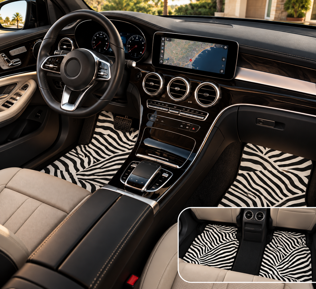 Patchwork zebra print car mats shown in a car interior