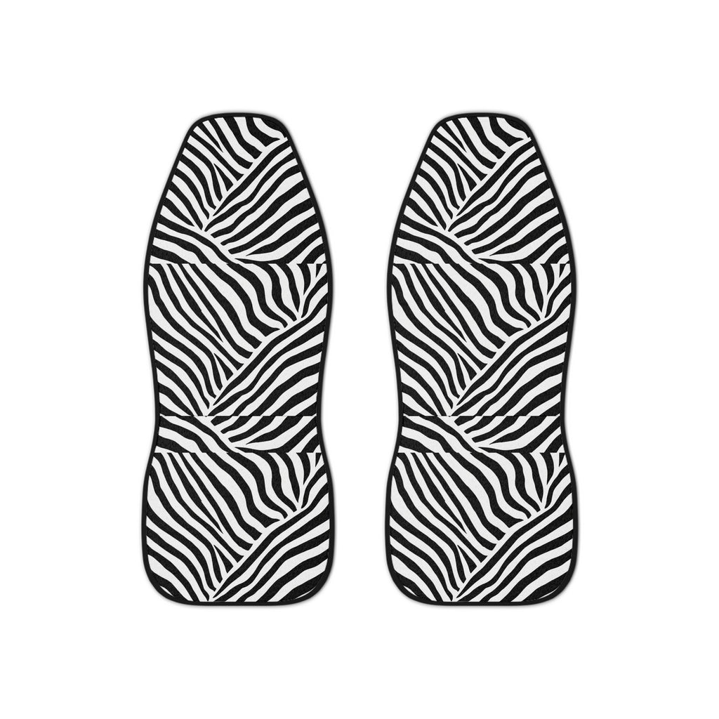 Patchwork zebra print car seat covers, set of two shown side by side