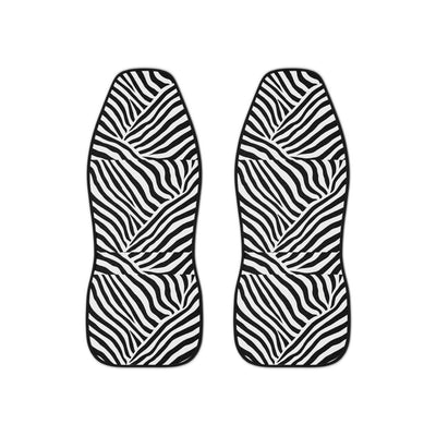 Patchwork zebra print car seat covers, set of two shown side by side