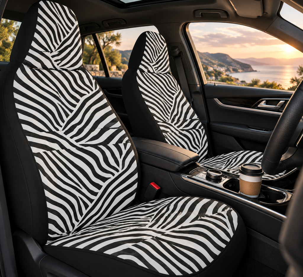 Patchwork zebra print car seat covers shown in a car interior