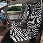 Patchwork zebra print car seat covers, fitted on the front seats of a car