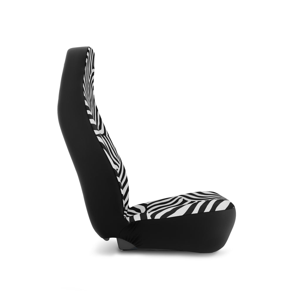 Patchwork zebra print car seat covers, on a seat, side view facing right