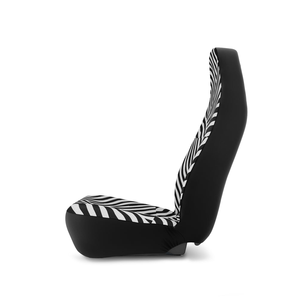 Patchwork zebra print car seat covers, on a seat, side view facing left