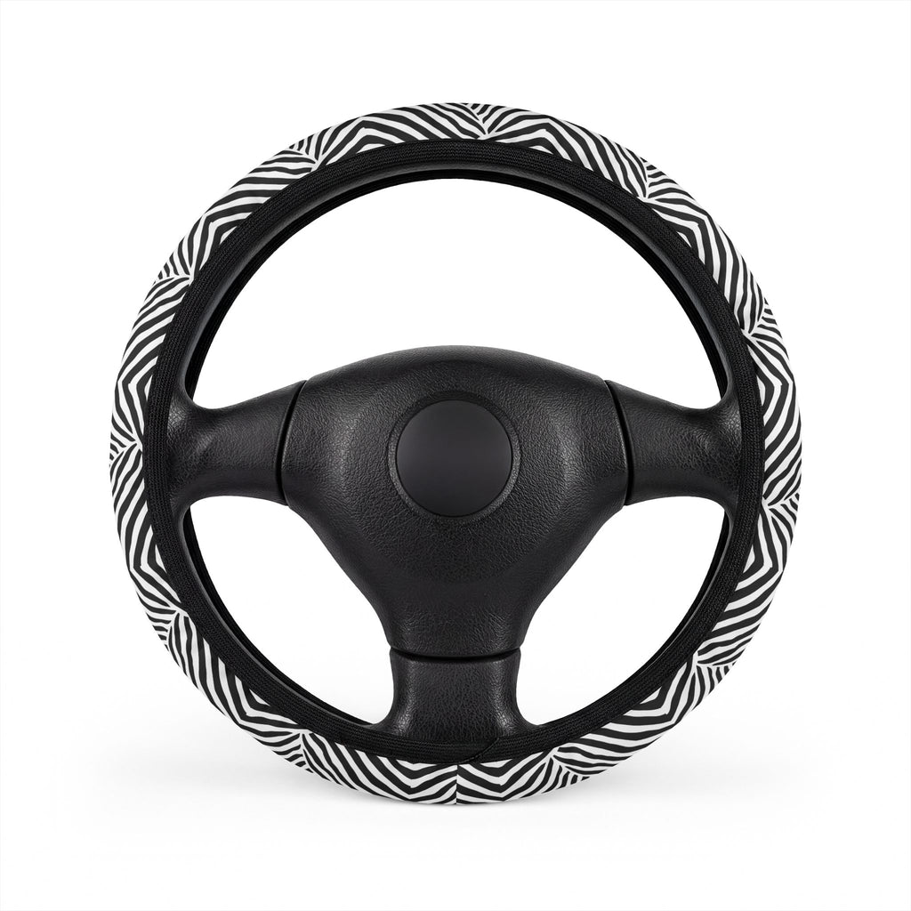 Patchwork zebra print steering wheel cover, front view