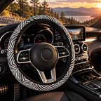 Patchwork zebra print steering wheel cover shown in a car interior