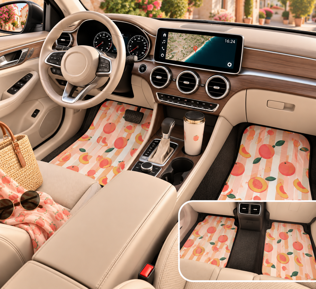 Peach fruit print car mats shown in a car interior
